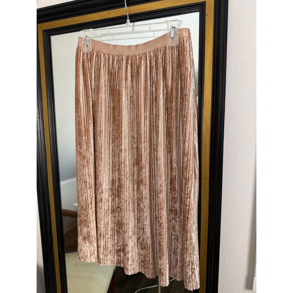 Beyond Yoga Rose Gold Metallic Pleated Velvet Midi Skirt Size Medium